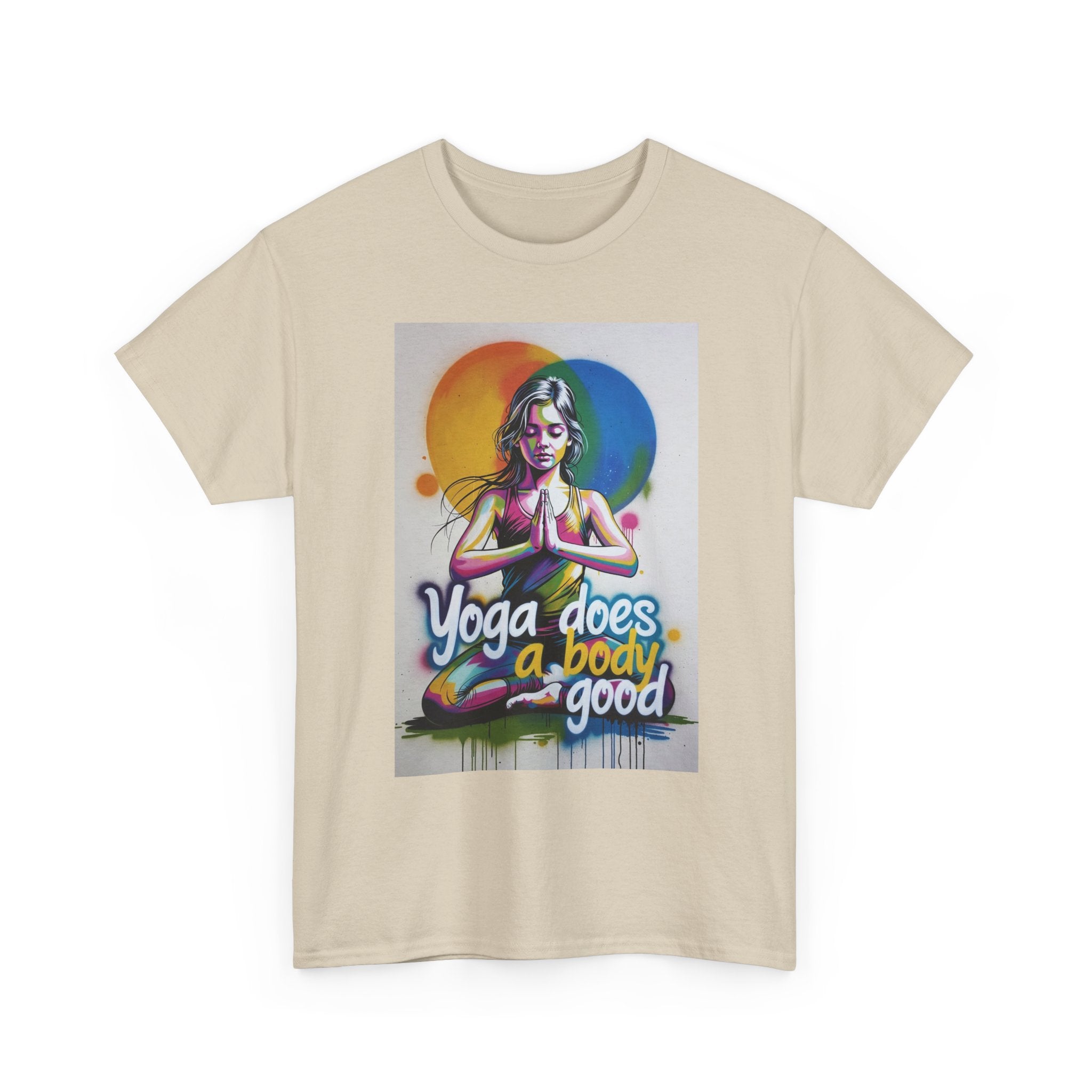 Yoga Does a Body Good T-Shirt | Meditating Woman Rainbow Sun Graphic