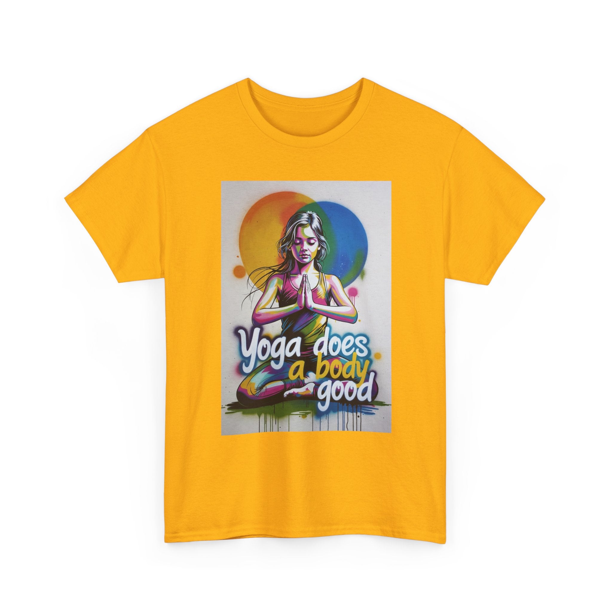 Yoga Does a Body Good T-Shirt | Meditating Woman Rainbow Sun Graphic