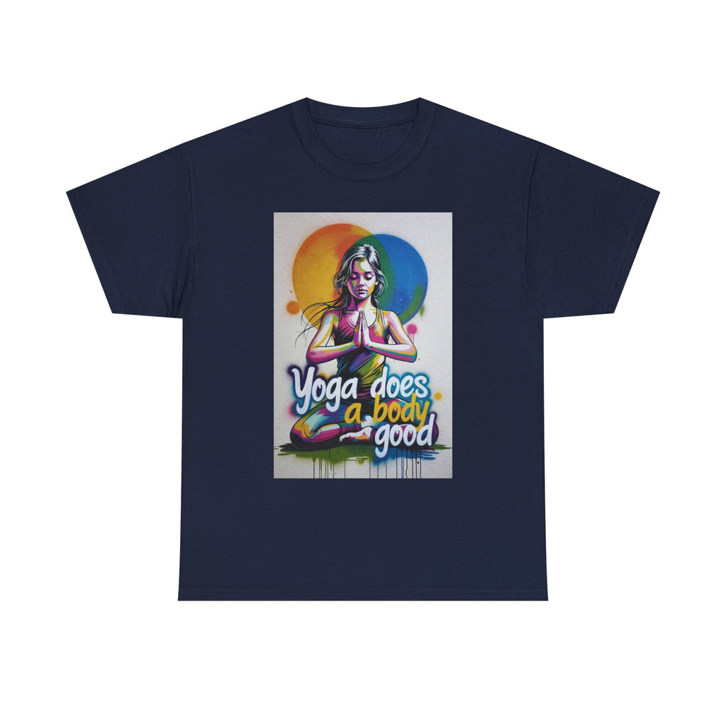 Yoga Does a Body Good T-Shirt | Meditating Woman Rainbow Sun Graphic