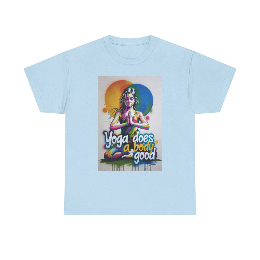 Yoga Does a Body Good T-Shirt | Meditating Woman Rainbow Sun Graphic