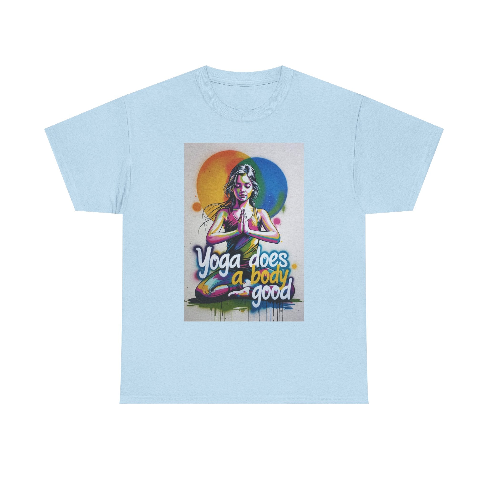 Yoga Does a Body Good T-Shirt | Meditating Woman Rainbow Sun Graphic