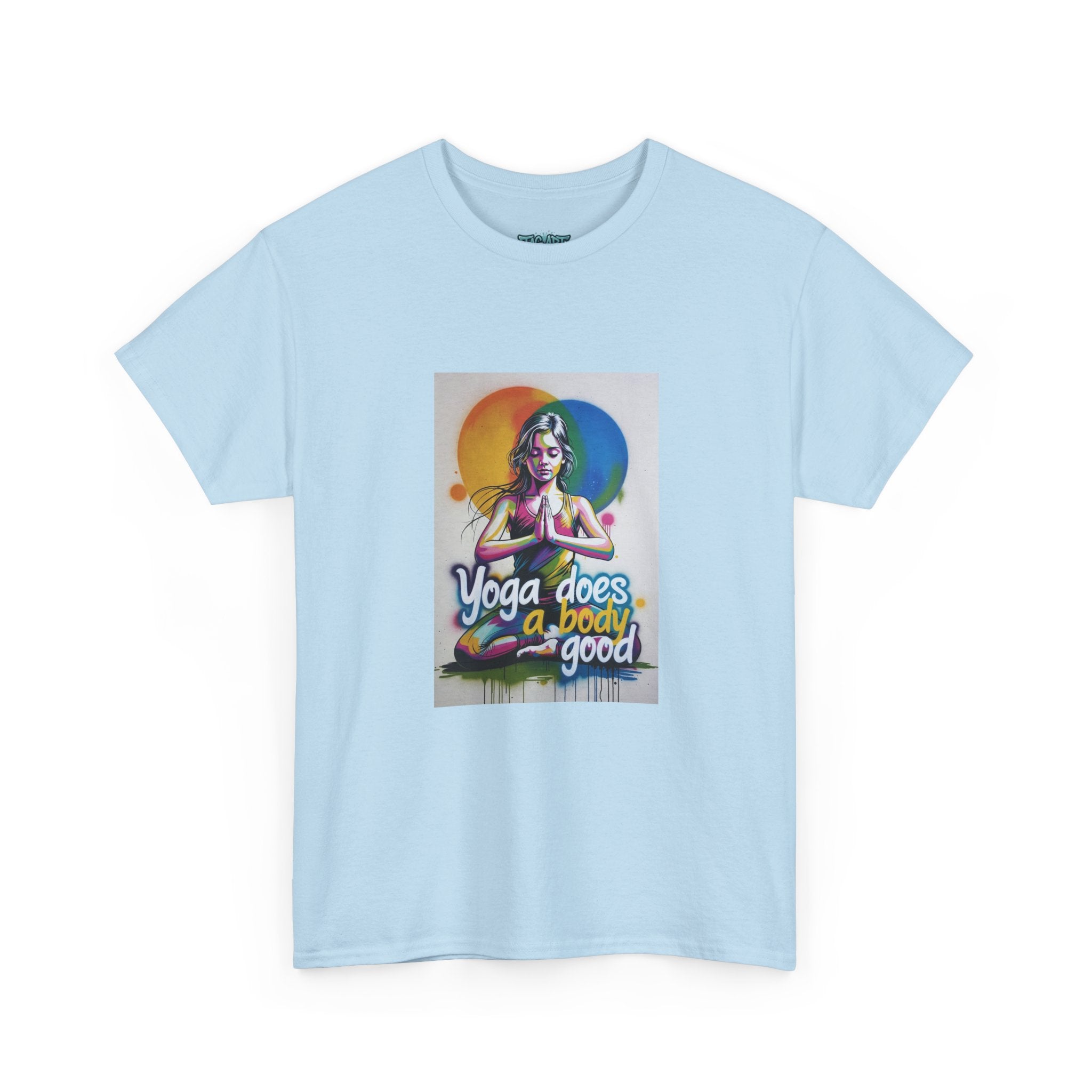 Yoga Does a Body Good T-Shirt | Meditating Woman Rainbow Sun Graphic