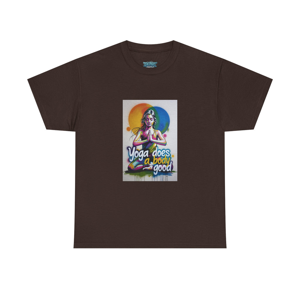 Yoga Does a Body Good T-Shirt | Meditating Woman Rainbow Sun Graphic