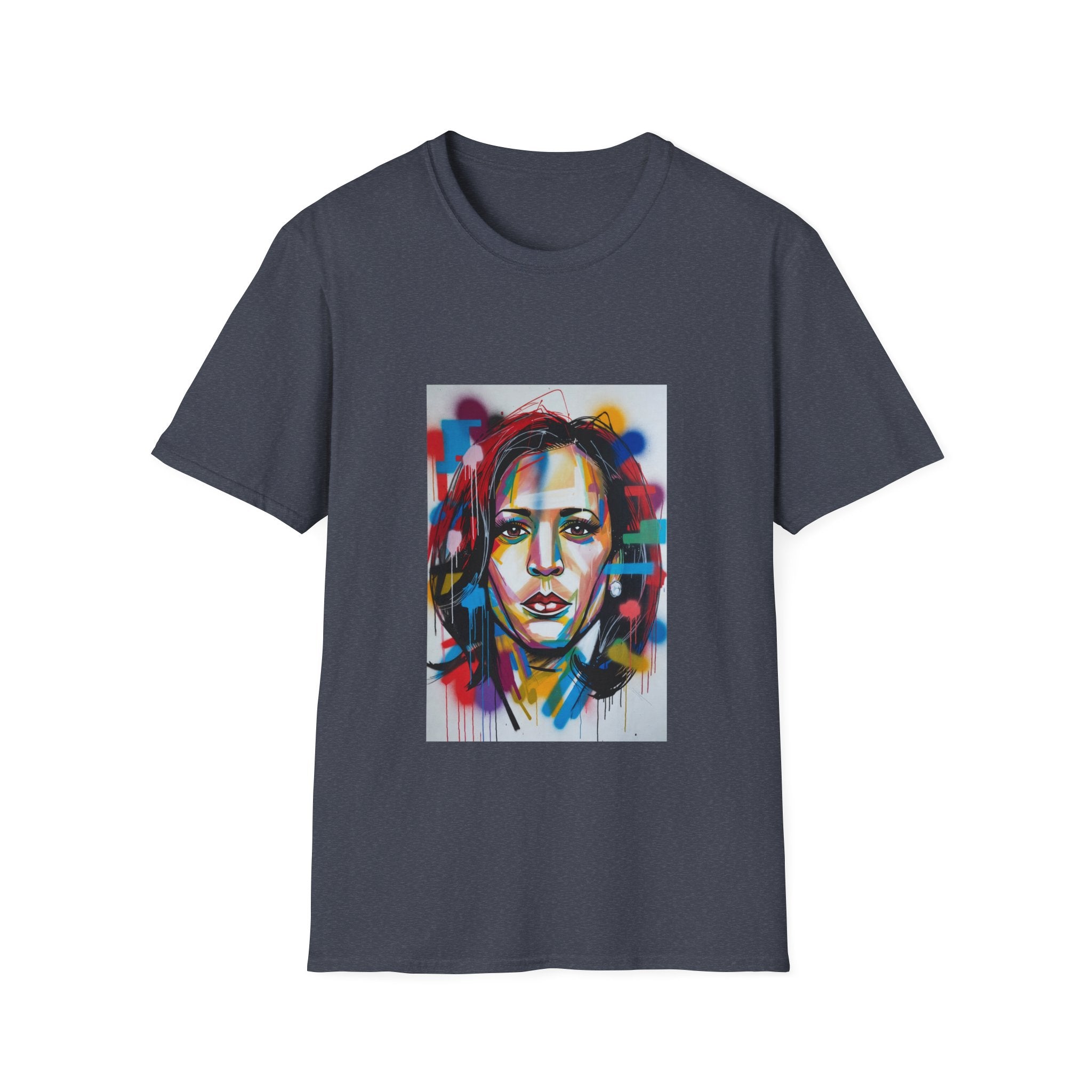 Abstract Artsy Kamala Portrait T-Shirt — Colorful Spray Paint Face Art Tee