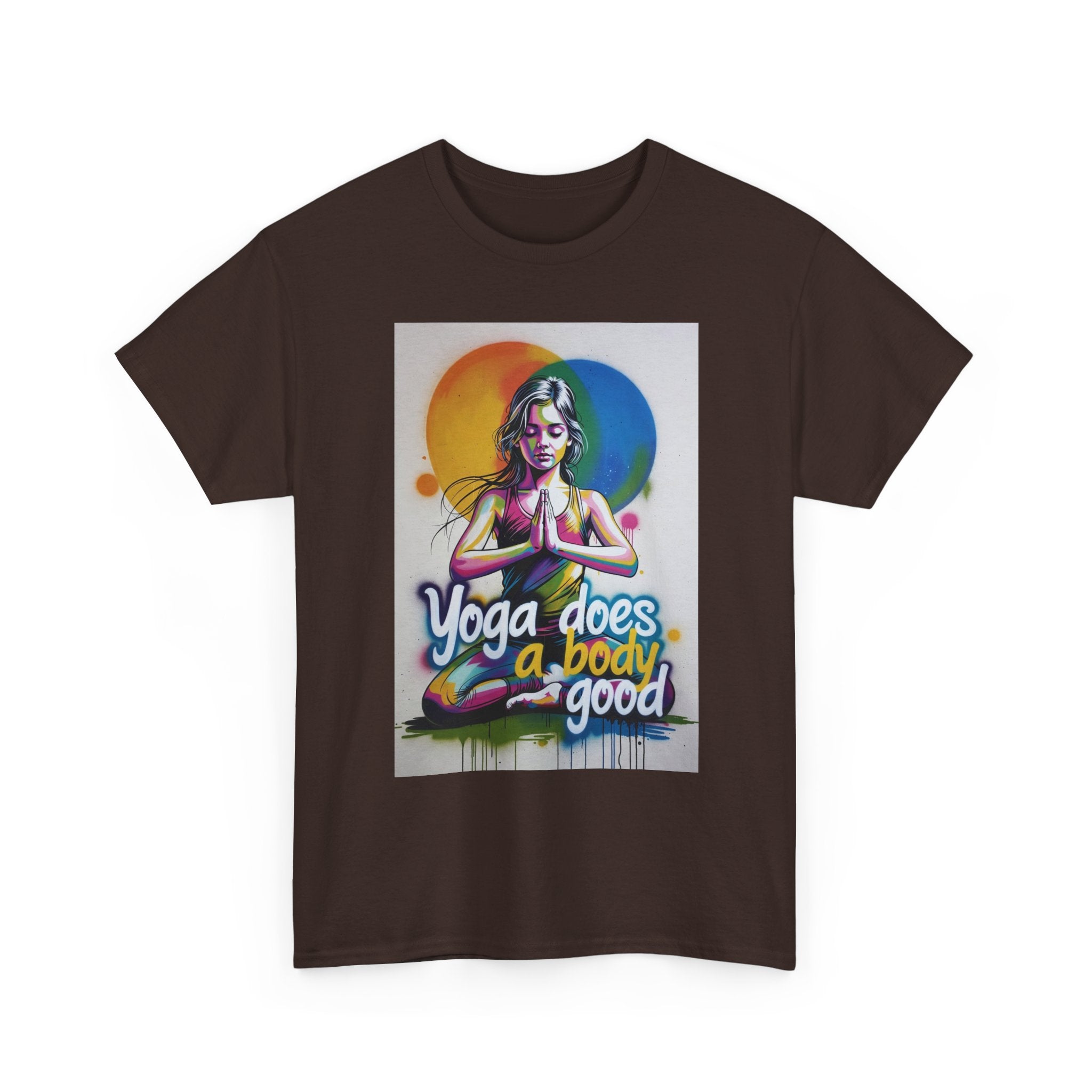Yoga Does a Body Good T-Shirt | Meditating Woman Rainbow Sun Graphic