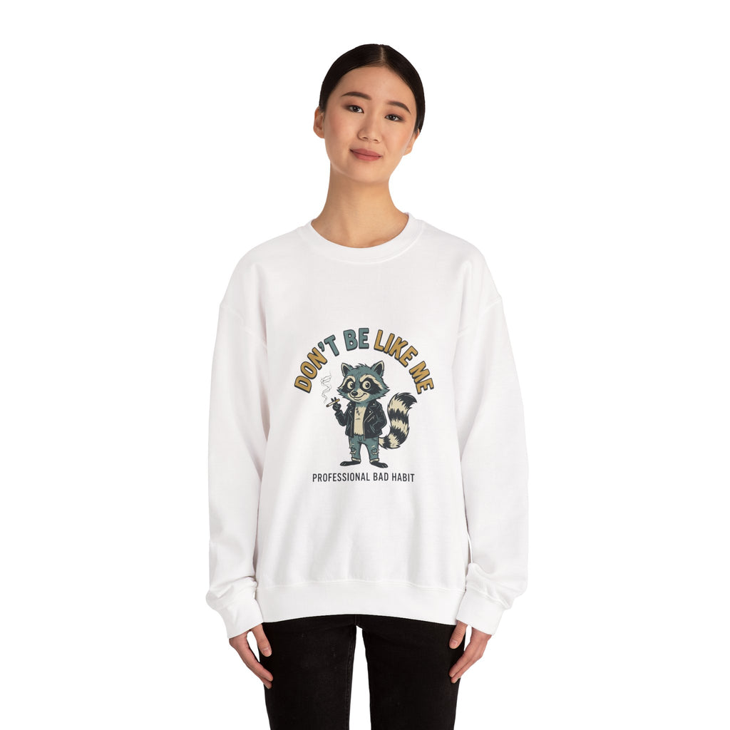 Don’t Be Like Me Raccoon Smoking Crewneck, ironic animal smoking sweatshirt, alt meme