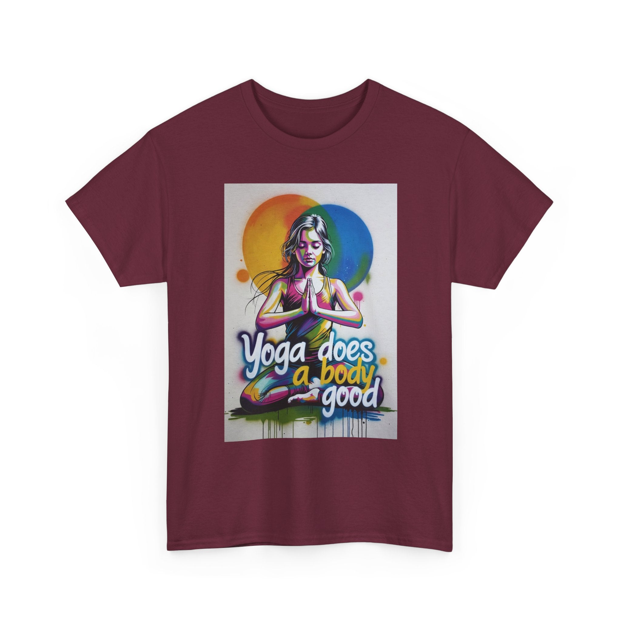 Yoga Does a Body Good T-Shirt | Meditating Woman Rainbow Sun Graphic