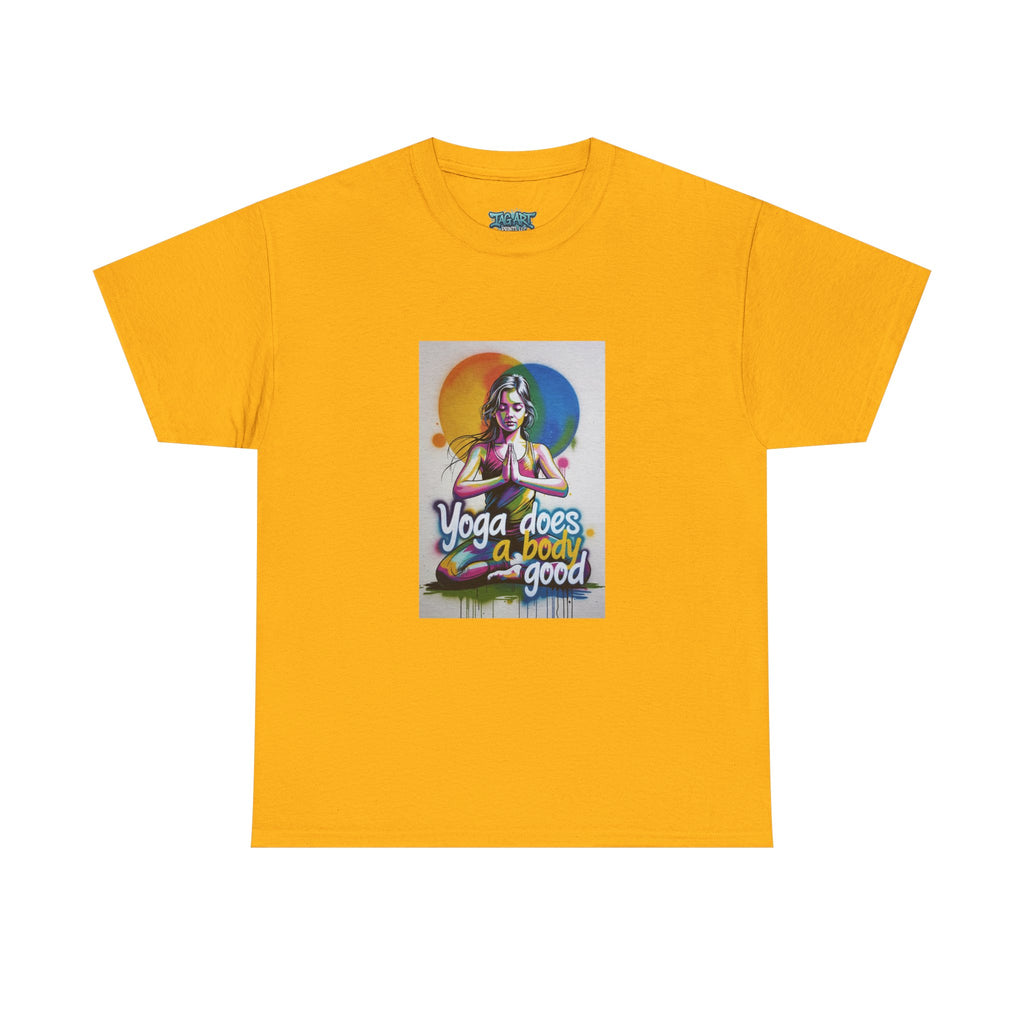 Yoga Does a Body Good T-Shirt | Meditating Woman Rainbow Sun Graphic