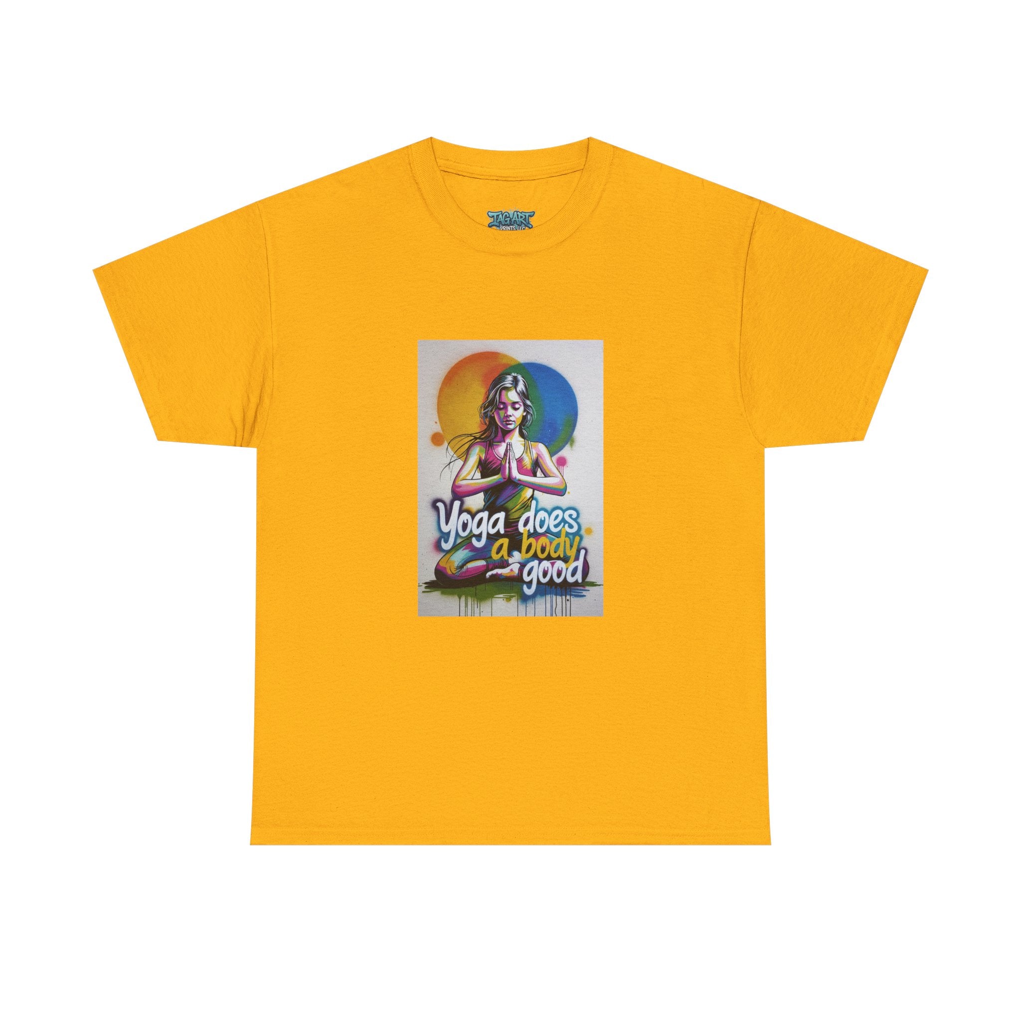 Yoga Does a Body Good T-Shirt | Meditating Woman Rainbow Sun Graphic