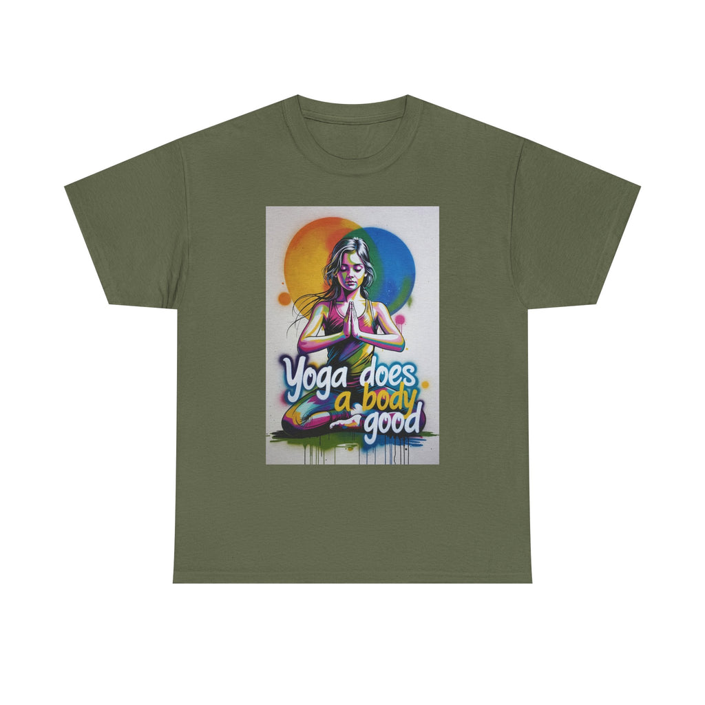 Yoga Does a Body Good T-Shirt | Meditating Woman Rainbow Sun Graphic
