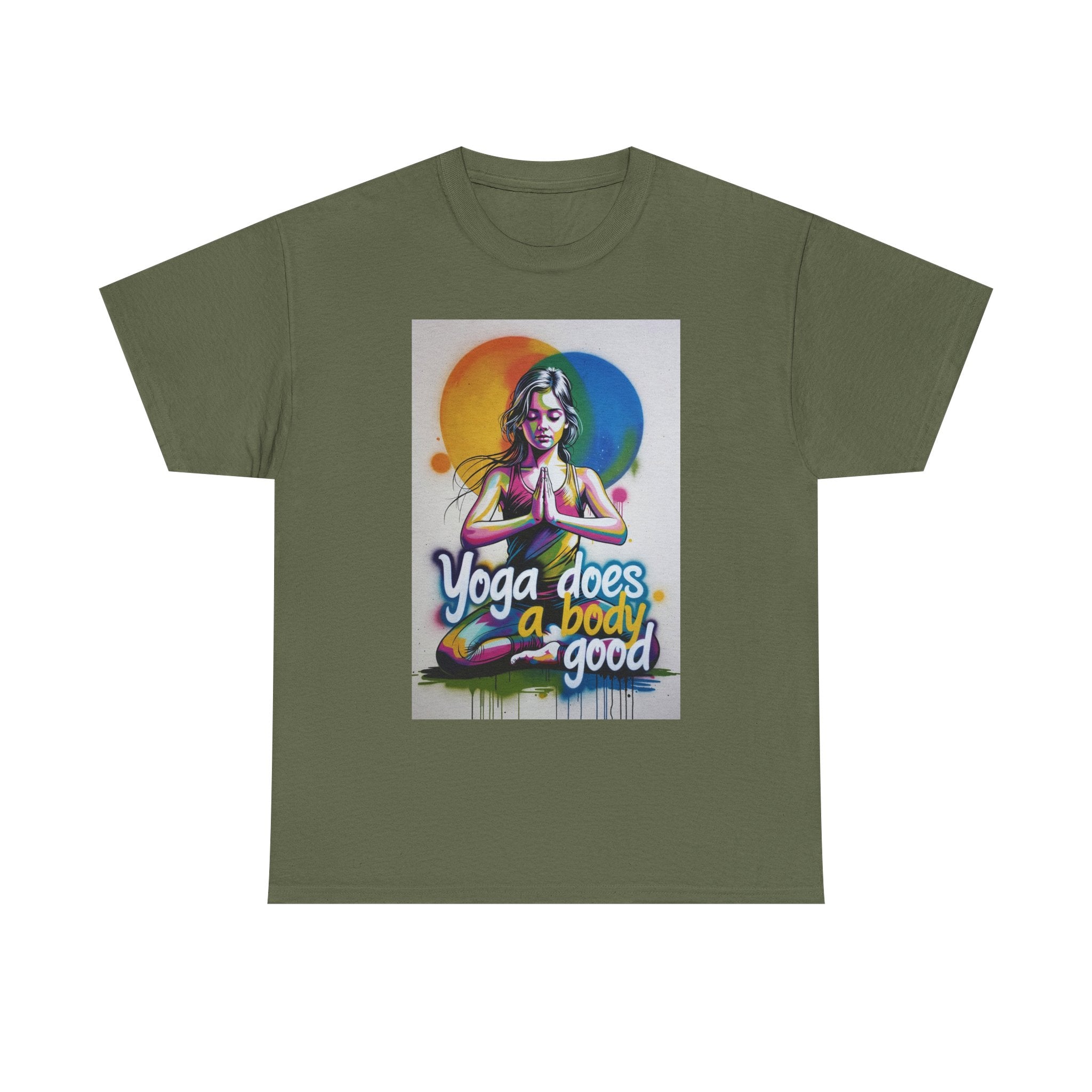 Yoga Does a Body Good T-Shirt | Meditating Woman Rainbow Sun Graphic